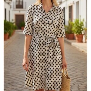 Preppy Laundry Shelli Segal Navy Chain Link Print Shirt Dress Tie Waist Size 14